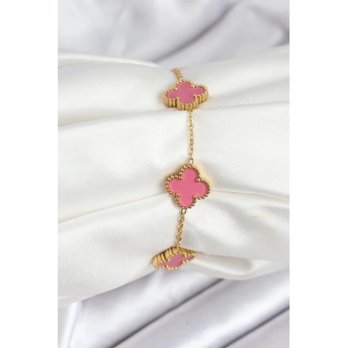 Mey İthalat® 316L Çelik Gold Zincir Pembe Yonca Renk Bileklik