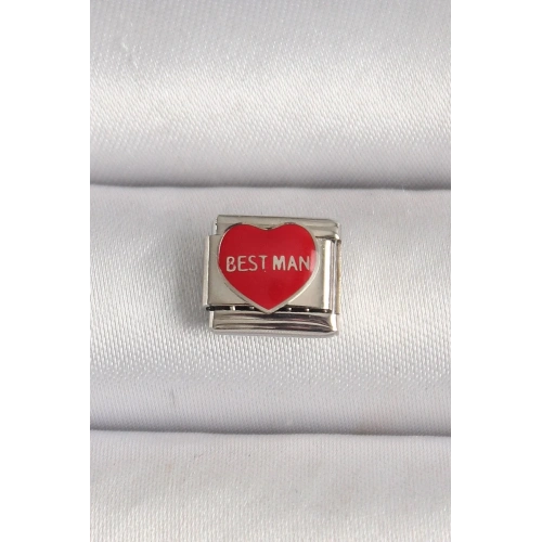 Mey İthalat® 316L Çelik Gümüş Renk Best Man Yazılı Kırmızı Kalp İşlemeli Nomination Charm