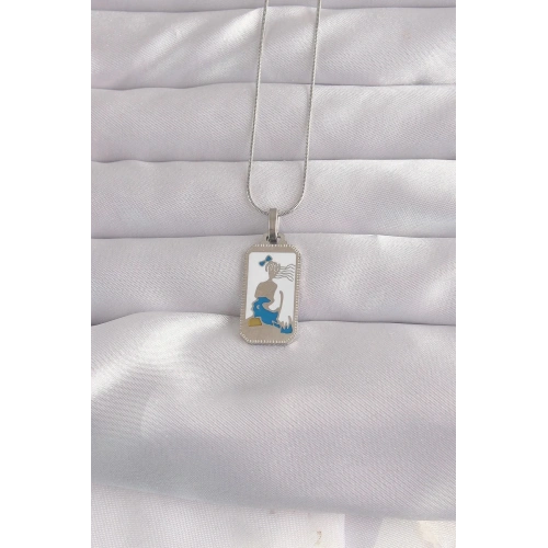 Mey İthalat® 316L Çelik Gümüş Renk Beyaz Mineli Kız Figür Tarot Kolye