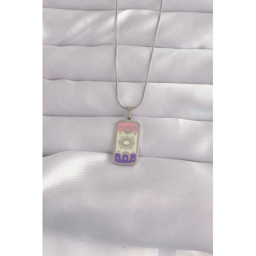 Mey İthalat® 316L Çelik Gümüş Renk Karışık Mineli Ay Figür Tarot Kolye