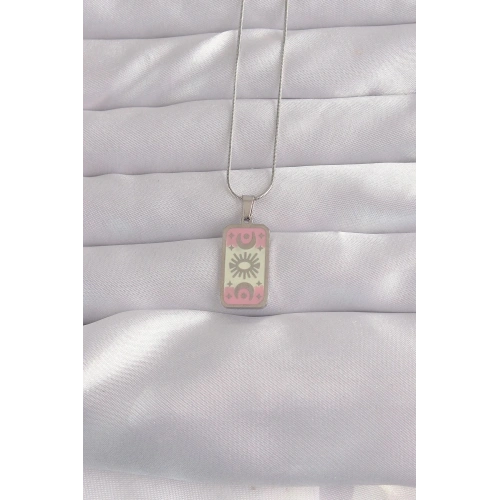 Mey İthalat® 316L Çelik Gümüş Renk Pembe Mineli Ay Figür Tarot Kolye