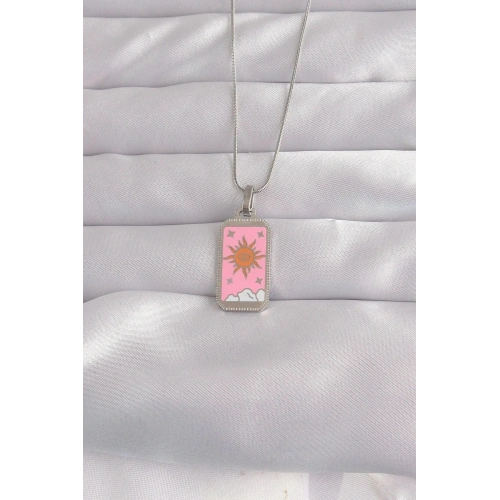 Mey İthalat® 316L Çelik Gümüş Renk Pembe Mineli Güneş Model Tarot Kolye