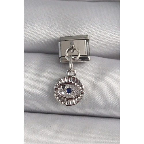 Mey İthalat® 316L Çelik Gümüş Renk Sallantı Zirkon Taşlı Göz Model Nomination Charm