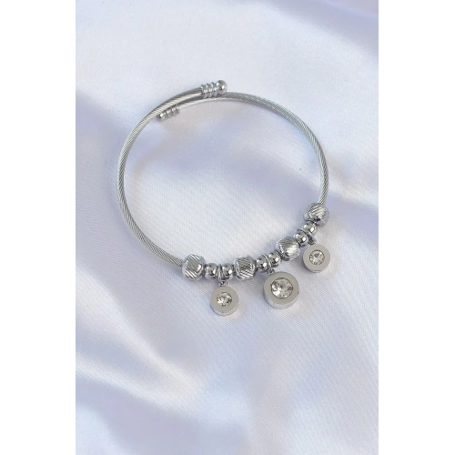 Mey İthalat® 316L Çelik Gümüş Renk Zirkon Taşlı Model Charm Bileklik