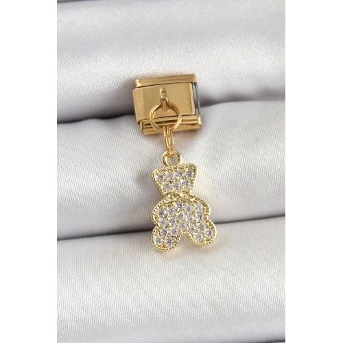 Mey İthalat® 316L Çelik Sallantılı Zirkon Taşlı Ayıcık Model Gold Renk Nomination Charm