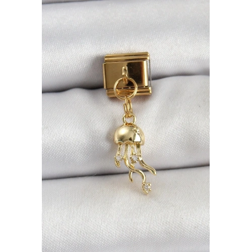 Mey İthalat® 316L Çelik Sallantılı Zirkon Taşlı Deniz Anası Model Gold Renk Nomination Charm