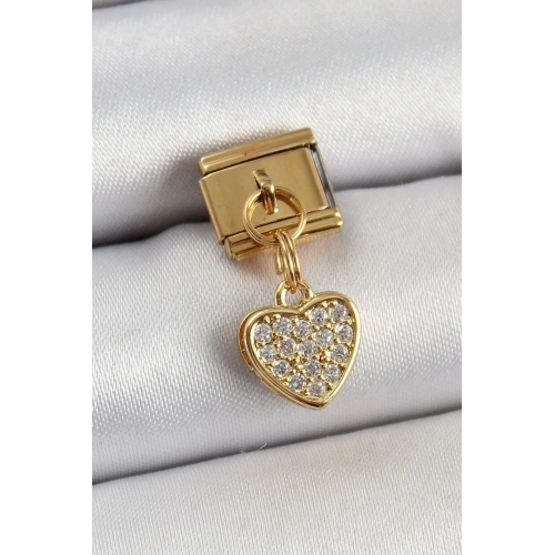 Mey İthalat® 316L Çelik Sallantılı Zirkon Taşlı Kalp Model Gold Renk Nomination Charm
