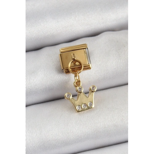 Mey İthalat® 316L Çelik Sallantılı Zirkon Taşlı Kraliçe Tacı Model Gold Renk Nomination Charm