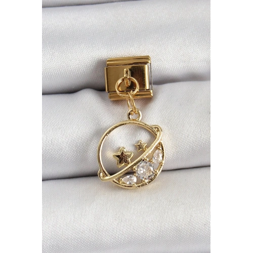 Mey İthalat® 316L Çelik Sallantılı Zirkon Taşlı Satürn Model Gold Renk Nomination Charm