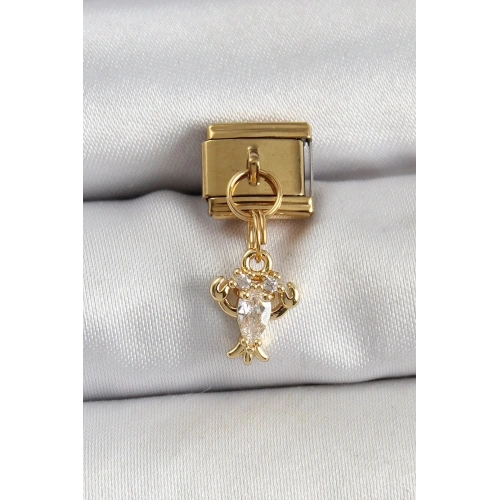 Mey İthalat® 316L Çelik Sallantılı Zirkon Taşlı Yengeç Model Gold Renk Nomination Charm