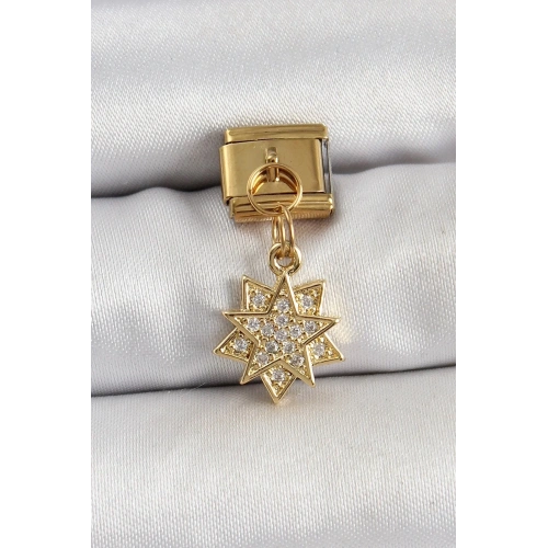 Mey İthalat® 316L Çelik Sallantılı Zirkon Taşlı Yıldız Model Gold Renk Nomination Charm