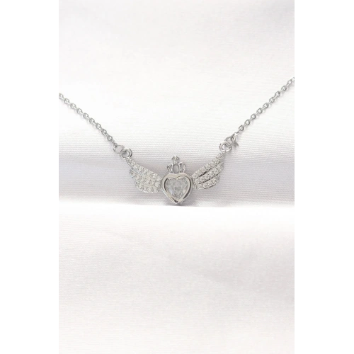 Mey İthalat® 316L Çelik Silver Renk Zirkon Taşlı Kalpli Kanat Kolye
