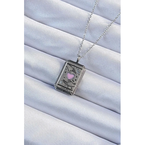 Mey İthalat® 316L Çelik Zincir Eskitme Gümüş Renk Pembe Mineli Kalp Figürlü Tarot Kolye