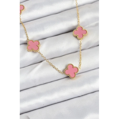 Mey İthalat® 316L Çelik Zincir Gold Pembe Renk Yonca Kadın Kolye