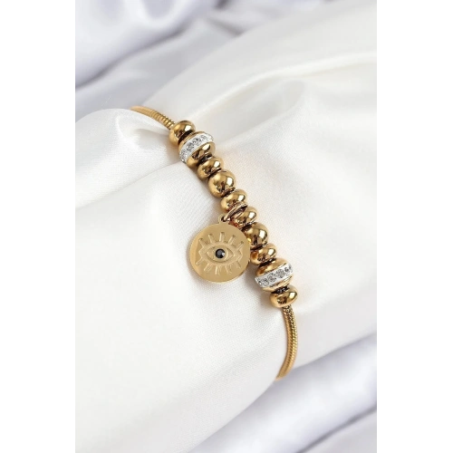 Mey İthalat® 316L Çelik Zirkon Taşlı Göz Charm Model Gold Renk Kadın Bileklik