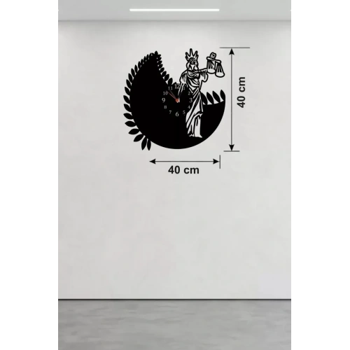 Mey İthalat® Adalet Tanrıçası Themis Tasarım Ahşap Duvar Saati - 40x40 cm Avukat Hediyesi