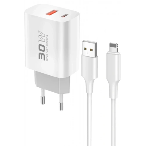 Mey İthalat®  C89Q 1 Adet 30W Type-C ve 1 Adet 22.5W USB Çıkışlı Ekstra DL48 1M USB to Lightning Kablolu PD Şarj Cihazı - Beyaz