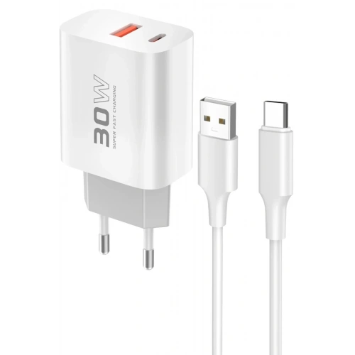 Mey İthalat®  C89Q 1 Adet 30W Type-C ve 1 Adet 22.5W USB Çıkışlı Ekstra DL49 1M USB to Type-C Kablolu PD Şarj Cihazı - Beyaz