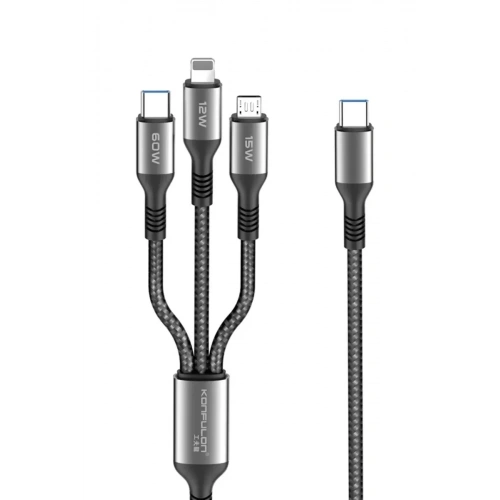 Mey İthalat®  DC62 3in1 Type-C to 60W Type-C / 12W Lightning / 15W Micro 1.2M Hızlı Şarj Kablo - Siyah