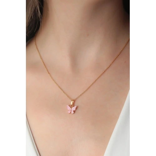 Mey İthalat® Gold Pembe Renk Kelebek Figür Kadın Kolye