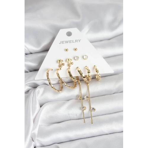 Mey İthalat® Gold Renk 6 Çift Pirinç Kadın Küpe Seti