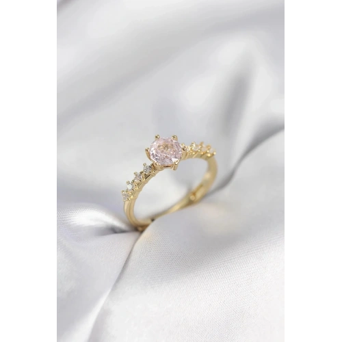 Mey İthalat® Gold Renk Pembe Tek Taş Model Zirkon Taşlı Kadın Yüzük