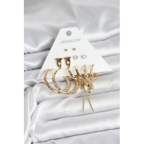 Mey İthalat® Gold Renk Pirinç 6lı Kadın Küpe Seti