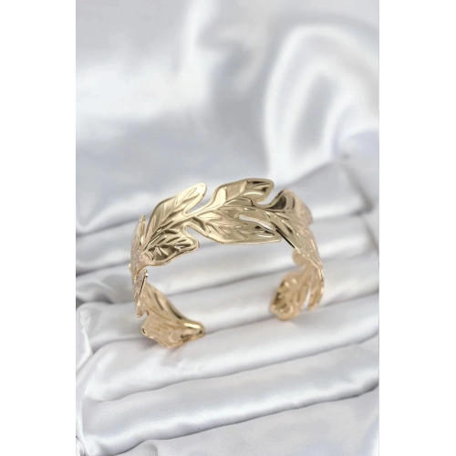 Mey İthalat® Gold Renk Pirinç Levha Yaprak Model Kadın Bileklik