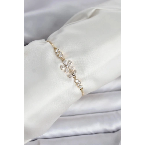 Mey İthalat® Gold Renk Zirkon Taşlı Papatya Model Asansörlü Kadın Bileklik