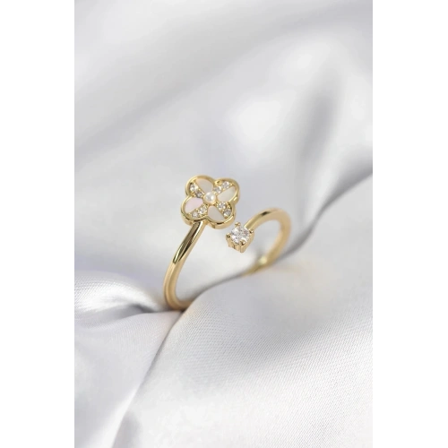 Mey İthalat® Gold Renk Zirkon Taşlı Yonca Model Kadın Yüzük