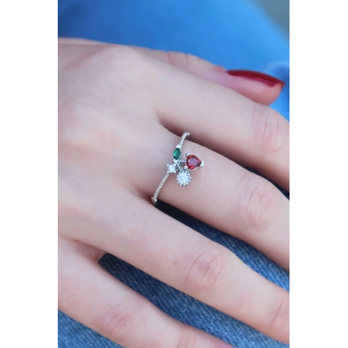 Mey İthalat® Gümüş Renk Kiraz Model Zirkon Taşlı Kadın Yüzük