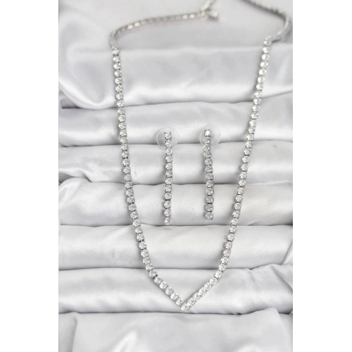Mey İthalat® Gümüş Renk Zirkon Taşlı Kadın Kolye Küpe Seti