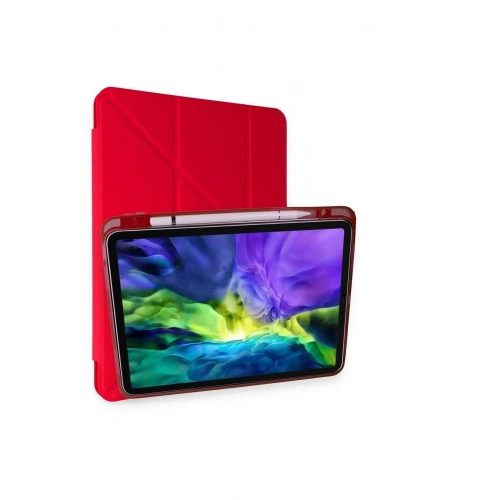 Mey İthalat®  iPad Pro 11 (2024) Kılıf Kalemlikli Mars Tablet Kılıfı - Kırmızı