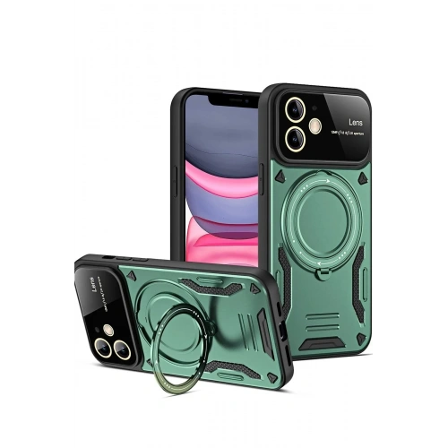 Mey İthalat®  iPhone 11 Kılıf Joy Lens Standlı Kapak - Koyu Yeşil