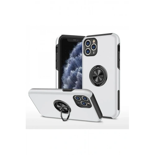 Mey İthalat®  iPhone 11 Pro Max Kılıf Elit Yüzüklü Kapak - Gümüş