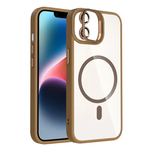 Mey İthalat®   iPhone 11 Remim Lensli Magsafe Standlı Kapak - Kahverengi