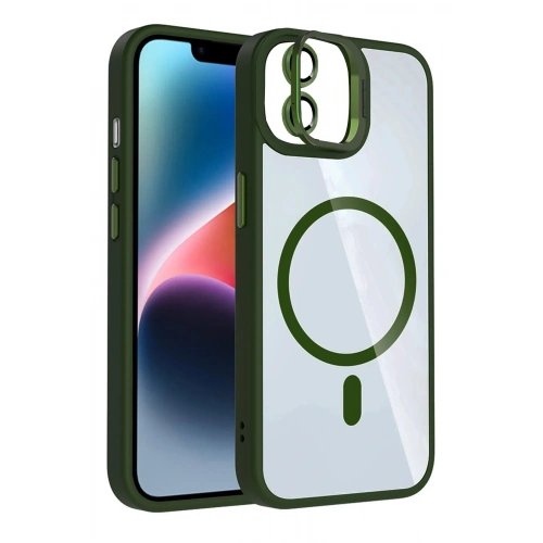 Mey İthalat®   iPhone 11 Remim Lensli Magsafe Standlı Kapak - Koyu Yeşil