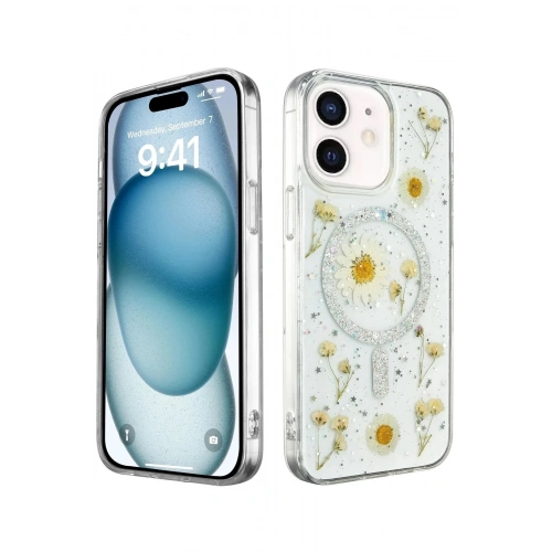 Mey İthalat®  iPhone 12 Kılıf Daisy Simli Magsafe Kapak - Gümüş