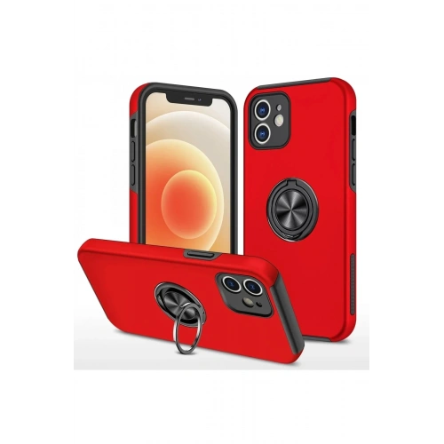 Mey İthalat®  iPhone 12 Kılıf Elit Yüzüklü Kapak - Kırmızı