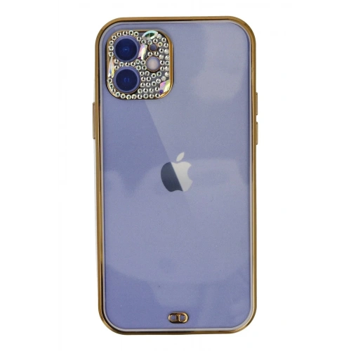 Mey İthalat®  iPhone 12 Kılıf Liva Taşlı Silikon - Mor