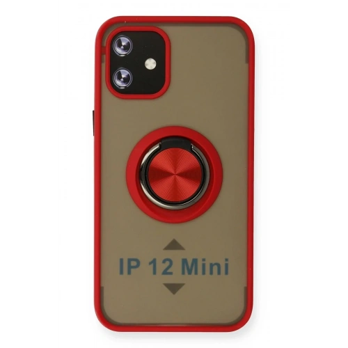 Mey İthalat®  iPhone 12 Kılıf Montreal Yüzüklü Silikon Kapak - Kırmızı