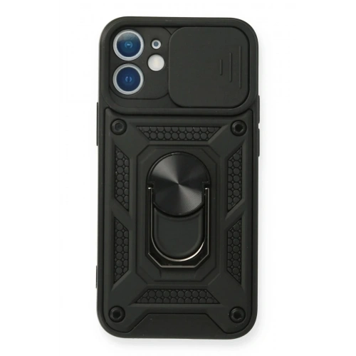 Mey İthalat®  iPhone 12 Mini Kılıf Pars Lens Yüzüklü Silikon - Siyah