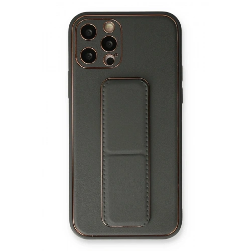 Mey İthalat®  iPhone 12 Pro Kılıf Coco Deri Standlı Kapak - Füme