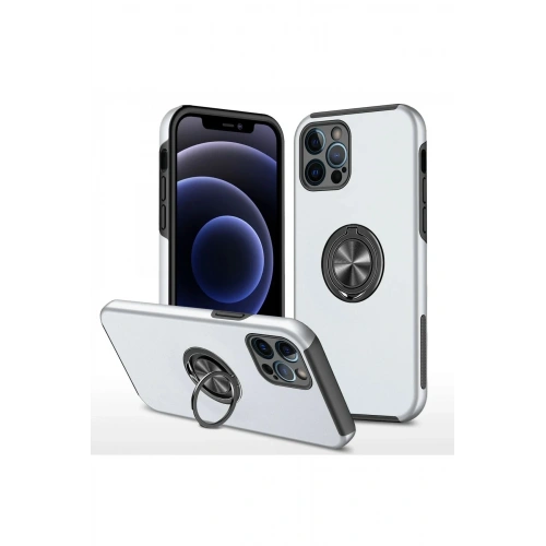 Mey İthalat®  iPhone 12 Pro Kılıf Elit Yüzüklü Kapak - Gümüş