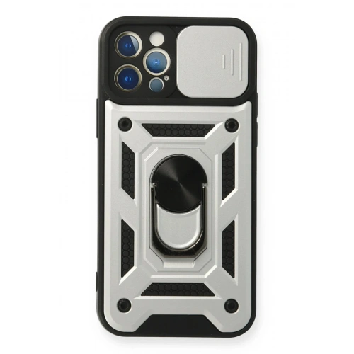 Mey İthalat®  iPhone 12 Pro Kılıf Pars Lens Yüzüklü Silikon - Gümüş
