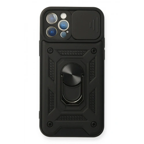 Mey İthalat®  iPhone 12 Pro Kılıf Pars Lens Yüzüklü Silikon - Siyah