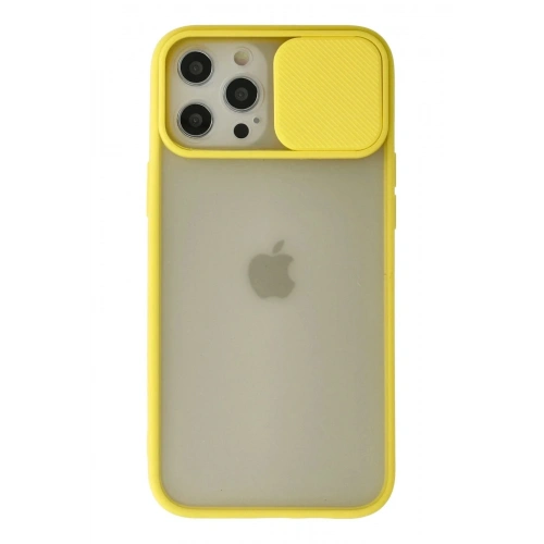 Mey İthalat®  iPhone 12 Pro Max Kılıf Palm Buzlu Kamera Sürgülü Silikon - Sarı