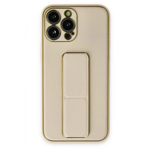 Mey İthalat®  iPhone 13 Pro Kılıf Coco Deri Standlı Kapak - Gold