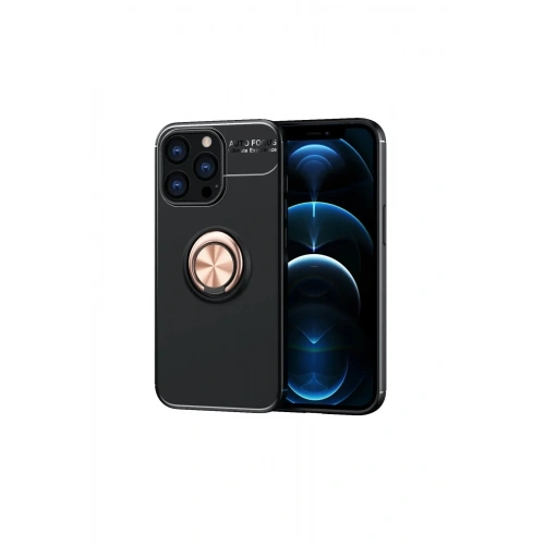 Mey İthalat®  iPhone 13 Pro Kılıf Range Yüzüklü Silikon - Siyah-Gold