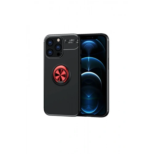 Mey İthalat®  iPhone 13 Pro Kılıf Range Yüzüklü Silikon - Siyah-Kırmızı